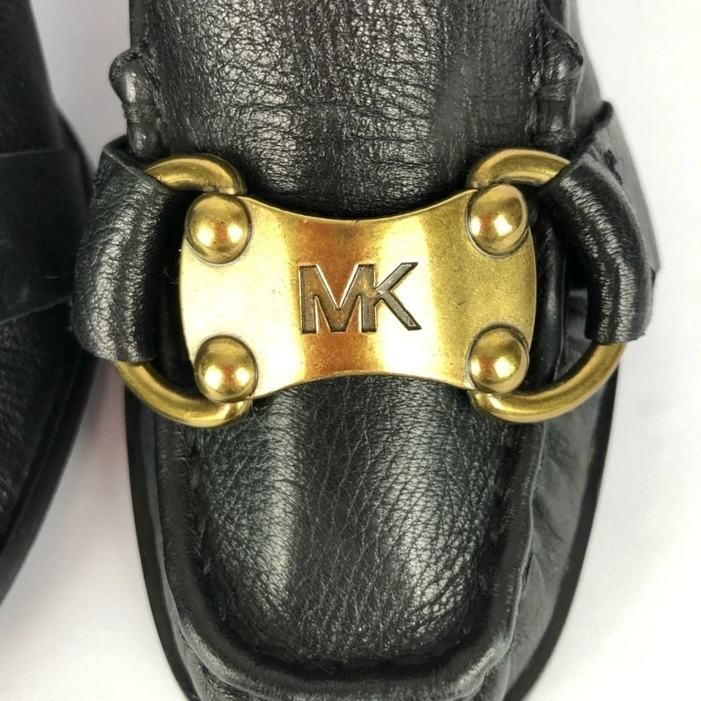 Michael Kors Leather Wooden Stacked Wedge Loafers With Gold Timed Logo Plate 8.5